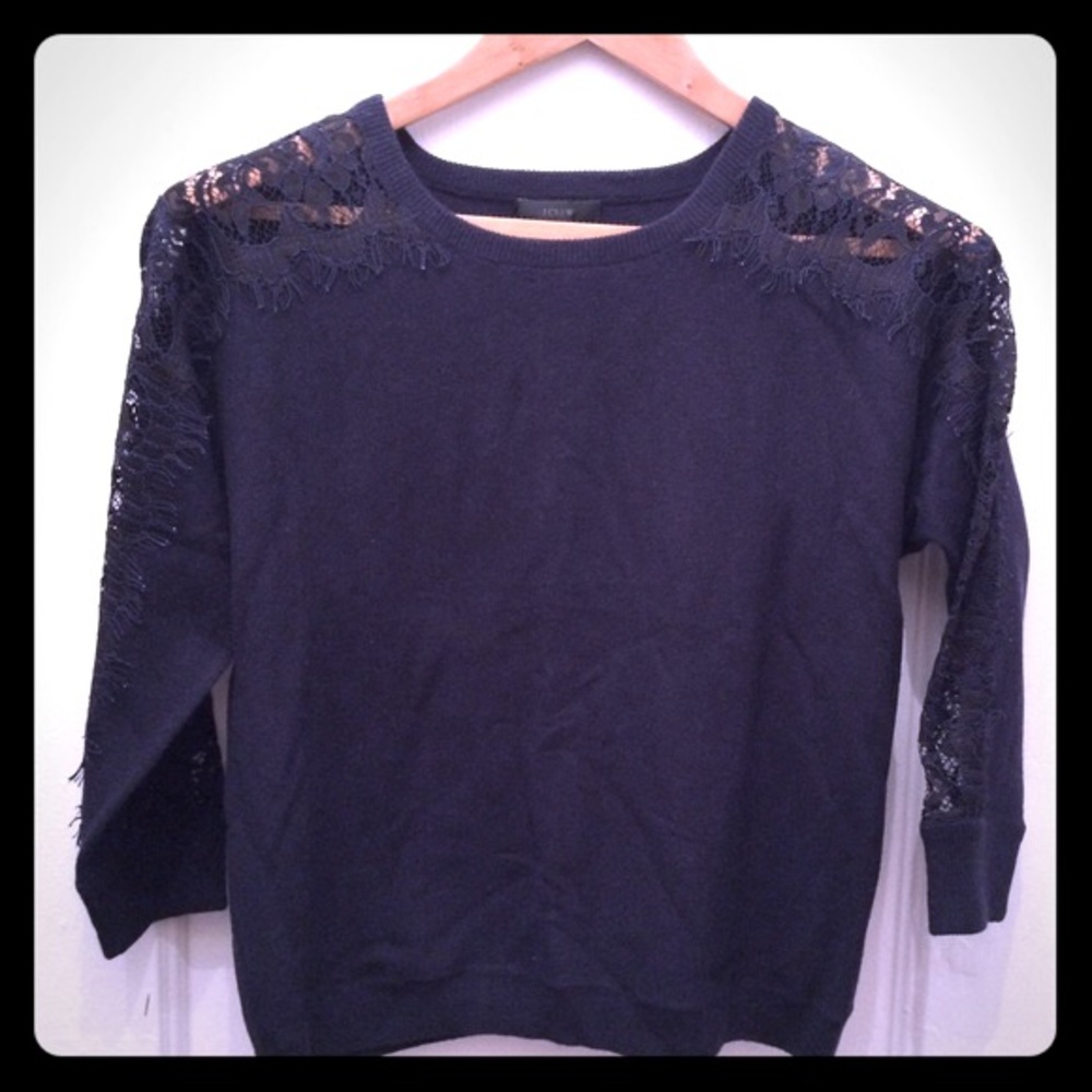 NWT J CREW Crewneck Sweater w/ Edged Lace in Navy